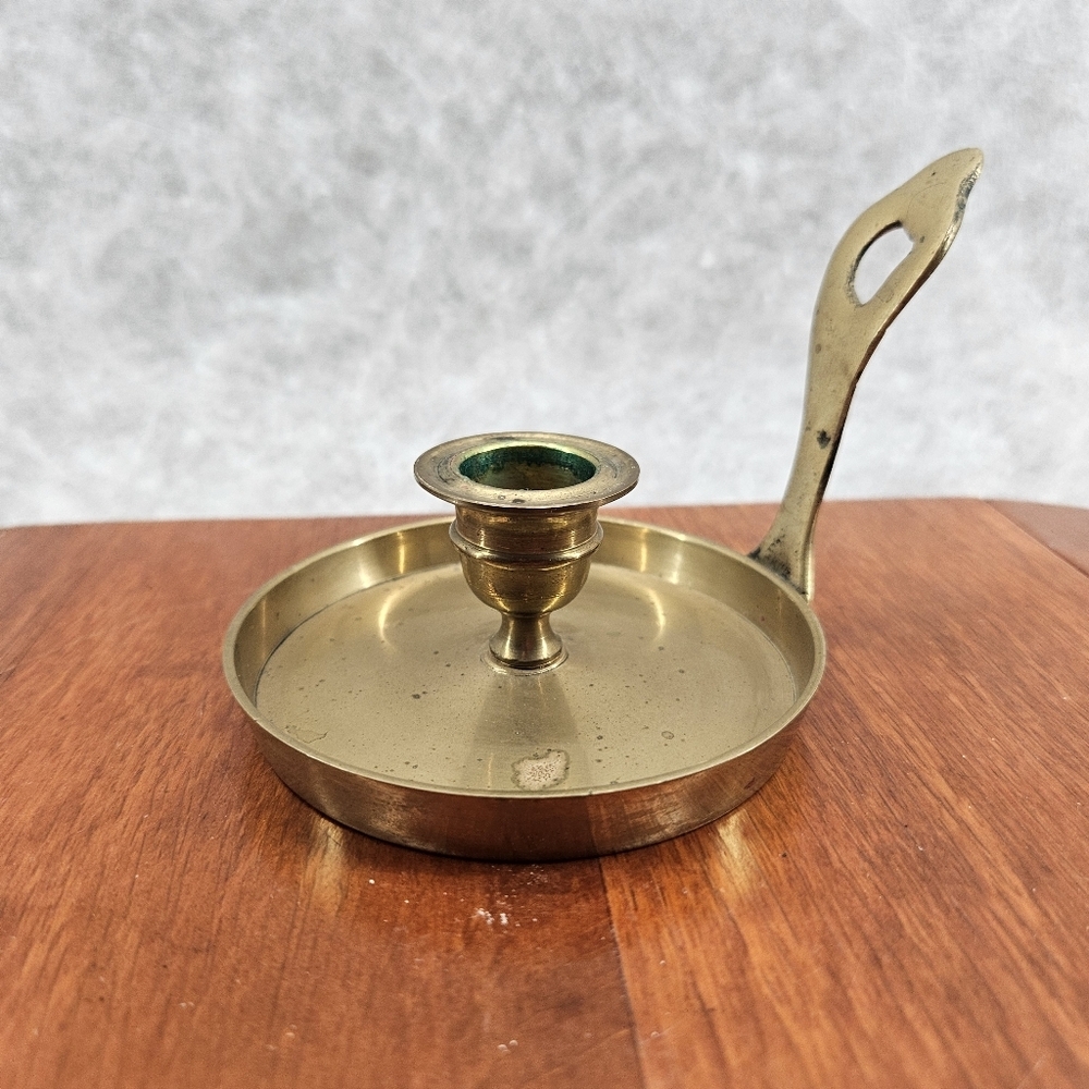 Vintage Brass Candle Stick Holder w/ Flat Handle‎ *Patina